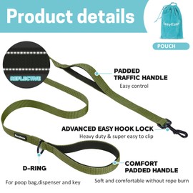EasyEase Dog Leash with 2 Comfortable Soft Padded Handles 4FT Green Reflective Heavy Duty Pet Dog Walking Leashes Durable Dog Training Lead & Traffic Handle for Large Medium and Small Dogs