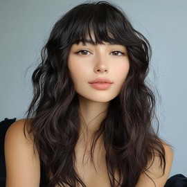 simkaylee Dark Brown Wigs with Bangs for Women Synthetic 16inch Medium Length Wigs with Natural Long Wavy Fringe Bang wig Heat Resistant Hair for Daily Party Use