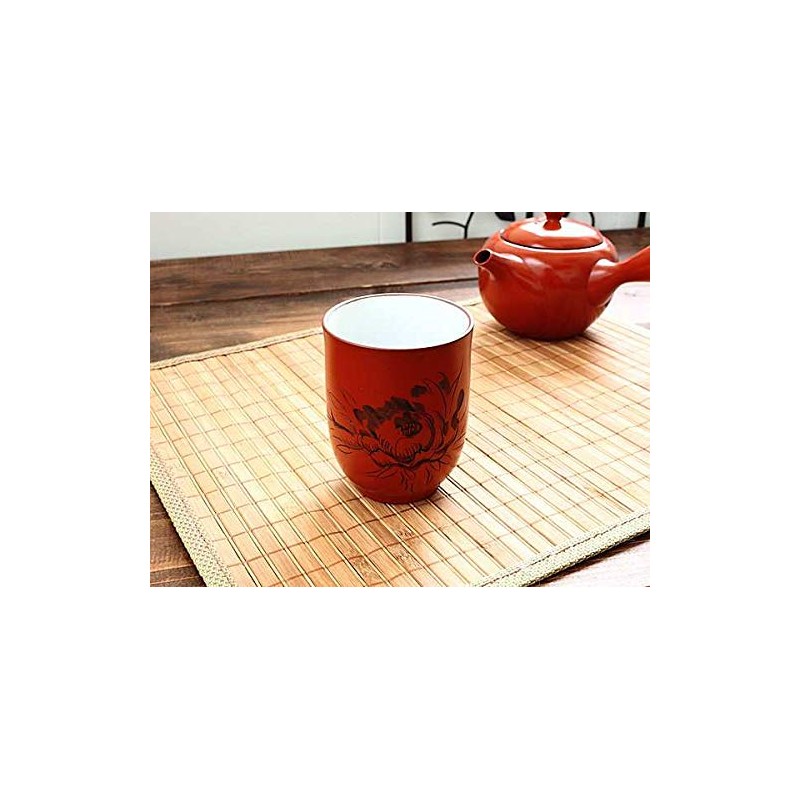 Tokoname Ware Shaved Flower Teacup (Japanese Tableware, Vermilion, Mud, Tokoname