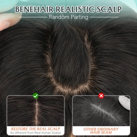 Benehair 100% Remy Human Hair Toppers for Women, 9 * 12CM Silk Base Hairpieces With Bangs 150% Density for Thinning Hair Natural Black 16 Inch