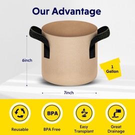 iPower 5 Pack 1 Gallon Tan Grow Bags, Garden Planting Nonwoven Fabric Pots with Reinforced Handle, Heavy Duty and Aeration Planter Pot for Tomato, Fruits, Vegetables and Flowers