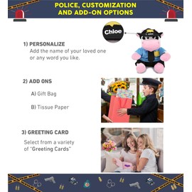 DolliBu Cow Police Officer Plush Toy - Super Soft Cow Cop Stuffed Animal Dress Up with Cute Cop Uniform & Cap Outfit - Fluffy Policeman Toy Plush Gift with Personalization - 6 Inches
