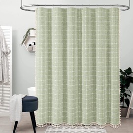 BTTN Extra Long Shower Curtain, 72x84 Inch Long Boho Chic Tassel Linen Fabric Shower Curtain Set with Hooks, Tall Modern Farmhouse Elegant Weighted Thick Cloth Shower Curtains for Bathroom, Sage Green
