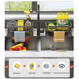 ViWaVee Sink Caddy, Kitchen Sink Organiser Stainless Steel with Self-Draining Drain Tray for Sponge Holder, Dish Cloth Holder, Super Sink Tidy for Kitchen and Bathroom. (Black)