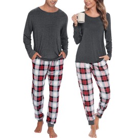 SWOMOG Men & Women Pajama Sets for Couples Long Sleeve Sleepwear Plaid Pants Loungewear Set with Pockets Women Z - Deep Grey - Solid Top Large