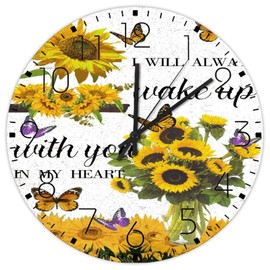 Autravelco Wooden Wall Clock Non-Ticking Sweep Movement I Will Always Wake Up with You in My Heart Country Wall Clocks Sunflowers Garden Butterfly Home Decor for Exercise Room Patio Gym 15 Inch