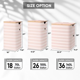 BALEINE Laundry Hamper with Lid, Tall Laundry Baskets with Bamboo Pull Handles, Large Laundry Bin with Internal Support (26 Gal/100L, Pink Pinstripe)