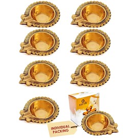 Craftsman 8 Pc Set of Pure Virgin Brass Diwali Diya Indian Puja Oil Lamp Golden Engraved Design Deepawali Diya Tea Light Holder Diwali Christmas Decoration Traditional Oil Lamp Indian Gift