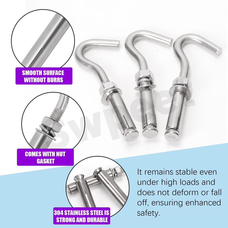 Swpeet 6Pcs M12 Stainless Steel Open Cup Hook Expansion Screws