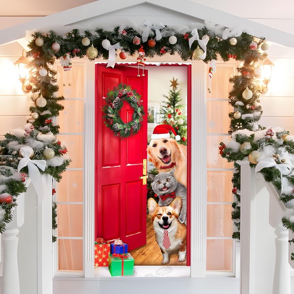 200 x 90 cm Christmas Door Cover Decoration Front Door Ceiling Wall Hanging Banner Photography Background for Christmas Party Holiday Winter New Year Toilet Door Decoration (Christmas Cats and Dogs)