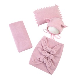 Coberllus Newborn Baby Photography Props Hat, Bow Wrap, Blanket and Posing Aid Pad Set for Baby Boys Girls Photo Shoot Knit Outfits (Light Pink)