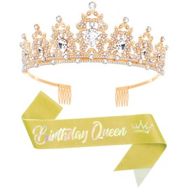 Queenship Birthday Tiara Crown with Sash for Women, Birthday Sash for Adult Women Birthday Queen Party Gold