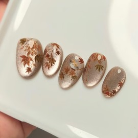 Fall Press on Nails Short Almond, Thanksgiving Fake Nails Autumn Leaf Designs, Glitter Stick on Nails Fall Thanksgiving Nail Accessories for Women Girls 24Pcs