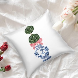 Qlmx Chinoiserie Decor Silk Pillow Cases - 18x18 Farmhouse Pillow Cases Decorative Pillow Covers for Bed, Porcelain Satin Pillowcase for Hair and Skin, Chinoiserie Plant Pillow Cover for Bed Decor