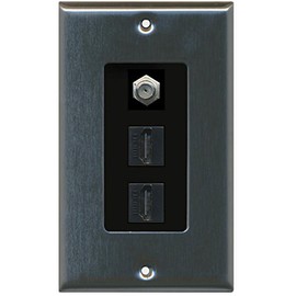 RiteAV - 2 Port HDMI 1 Coax Cable TV- F-Type Decorative Wall Plate - Stainless Steel & Black