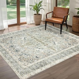 Brevonox Washable Area Rug 8x10: Machine Washable Rugs Carpet for Living Room Bedroom - Non Slip Oriental Rug for Dining Room Table - Low Pile Vintage Soft Rug for Home Decor - Antique Sage Beige