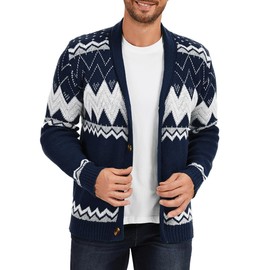 ChiaoLezhee Men's Shawl Collar Cardigan Vintage Geometric Button Down Long Sleeve Knit Knitted Sweater,Navy Blue,Large