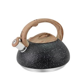 JS Gourmet 2.5 Quart Stainless Steel Whistling Tea Kettle Stove Top, Non-Fading Durable Teapot with Nylon Coated Ergonomic Wood Grain Designed Handle and Lid for Comfortable Grip