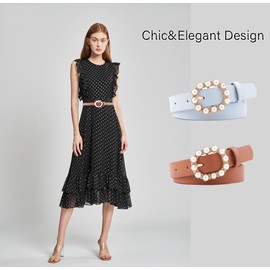 COTIM COYIN Pearl Buckle Skinny Leather Belt for Women, Adjustable Pin Buckle Belt, Fashion Belt with Pearl Buckle, Black, 107*2.3cm/42.16*0.91 inches