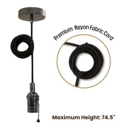 Royal Designs, Inc. Hanging Pendant Lighting, Vintage-Style Pull Chain Pendant Light Socket and Canopy, Gun Metal Gray with Black Rayon Fabric Cord