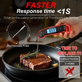 ATOGOU Thermocouple Meat Thermometer, <1s Instant Read, ±0.5℉ (0.3℃) Accuracy, IPX7 Waterproof, Auto-Rotating Backlit Display, for Meat/Candy/Grill/BBQ etc. TH-31 Red