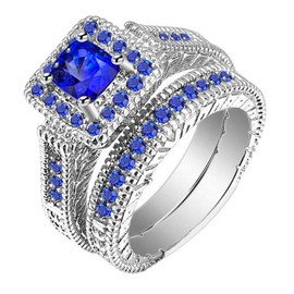 White Gold Filled 2pcs Womens Wedding Ring Sets Bridal Sets Princess Cut Cz Engagement Ring Wedding Bands