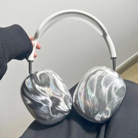 PHOEACC Compatible with Airpods Max Case Luxury Glitter Iridescent Silver Silk Feather Design Cute Silicone Protective Headphone Cover for Men Women - Airpodmax Plume