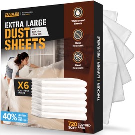 RAULDE 6 Pack Large Plastic Dust Sheets for Decorating & Painting- 3.6m x 2.7m (12ft x 9ft) - Polythene Sheeting for Furniture & Floor Protection - Waterproof & Tear Resistant Drop Cloth