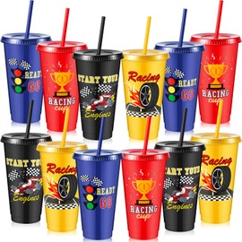 Chuangdi 12 Pcs Plastic Race Car Cups 24oz Checkered Flag Party Supplies Reusable Tumbler with Lid and Straw Checkered Racing Car Party Decorations Birthday Sports Themed Favors