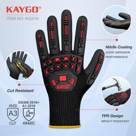 KAYGO KG30N Anti Impact Work Gloves with TPR Protection, Cut-resistant Level C, Nitrile Coated Good Grip, Impact Reduction Gloves for Construction, Carpentry, DIY, Warehouse, KG30N (Black Red, M, Size