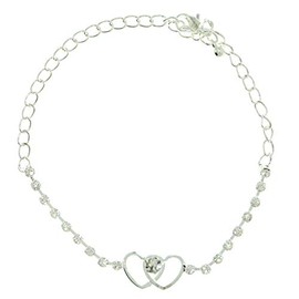 Mi Amore Ankle Bracelet with Heart Shaped and Rhinestone Accents Silver-Tone