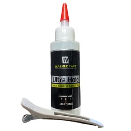 Ultra Hold Hair System Adhesive 4oz w/White Hair Sectioning Clip Bundle Pack | Waterproof Invisible Long-Lasting | Front Bonding Weave Toupees Wigs Extensions Lace Wig Glue | Bold Hold Adhesive