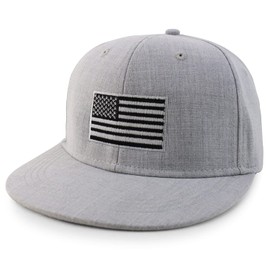 Armycrew XXL Grey American Flag Embroidered Plain Back Flatbill Snapback Cap - Heather Grey - 2XL