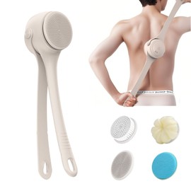 Electric Body Brush, 4 in 1 Back Scrubber for Shower, Detachable Bath Brushes with Long Single Dual Handle, 2-Speed Rotating Body Brushes for Exfoliating and Massaging, Waterproof Bath Brush (Beige)