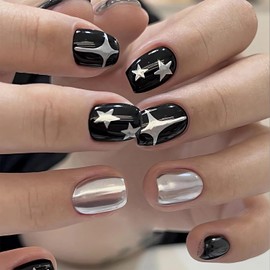 Press on Nails Short Square, Black Artificial Acrylic Fake Nails with Silver Stars Patterns Design Full Cover Reusable Coffin Shaped Glossy False Nails, Glue on Nails for Women Set 24Pcs