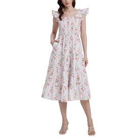 Women's Floral Smocked Midi Dress Square Neck Ruffle Strap Sleeveless Flowy A-Line Long Beach Sundress Pink