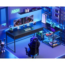 AODK 61 Inch L Shaped Computer Desk with Drawers, Corner Desk with Power Outlets & Reversible Storage Shelves, Movable CPU Stand for Home Office Gaming, Black