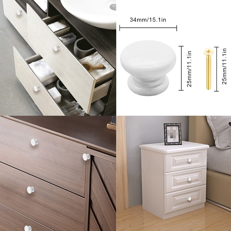 Yijunmca 15 Pack Cabinet Knobs Round Pulls 34mm White Wooden
