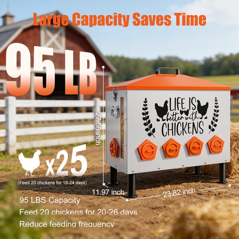 95LB Extra-Large Chicken Feeder with 10 No-Waste Ports – Galvanized