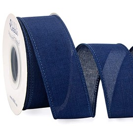 Ribbli Navy Blue Linen Wired Ribbon, 1-1/2 Inch x 10 Yard, Navy Burlap Wired Ribbon for Wreaths, Big Bow Crafts, Gift Wrapping, Christmas Tree Decoration
