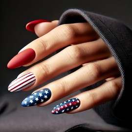 Independence Day Press on Nails Almond Medium Dark Red Fake Nails with Stars Designs 4th of July False Nails Patriotic Acrylic Nails Full Cover Glue on Nails Stars Stick on Nails for Women 24Pcs