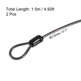 PATIKIL Security Steel Cable 2.5mm x 1.5m/4.92ft Coated Luggage Lock Wire Rope with Double Loop Black 2 Pack