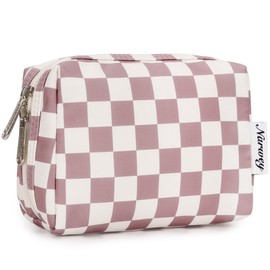 Narwey Small Makeup Bag for Purse Travel Makeup Pouch Mini Cosmetic Bag for Women (Dusty Rose Checkerboard, Small)