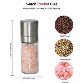 TooWoom Pepper Grinder Salt Grinder, 5 inch Stainless Steel Pepper Mill w/Adjustable Coarseness, Refillable Salt with Funnel, Cleaning Brush, Manual Pepper Grinder for Black Peppercorns