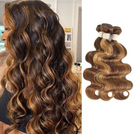 ALHER #P4/27 Honey Blonde Highlight Bundles Body Wave 20 22 24 Inch, Balayage Highlight Ombre Blonde Piano Color Colored Wavy 3 Bundles Human Hair, 10A 100% Brazilian Remy Hair Sew In for Black Women
