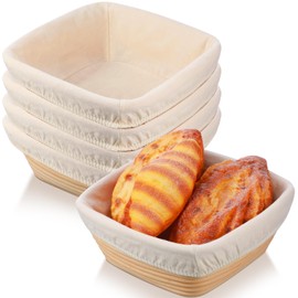 Nuogo 4 Pieces Square Bread Banneton Proofing Basket Bread Proofing Basket Rattan Banneton Basket Dough Proofing Bowls with Liners and Scatters for Home Sourdough Bread Baking