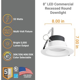Diodesy- LFX/CRD/SCT/8R/55W/8″ 8 Inch Recessed Ceiling Lights, Dimmable CCT Color Selectable 3000K,3500K,4000K,5000K, 55 Watts, Multi-Volt, Canless Installation, Multi Volt, Energy Star, ETL Listed