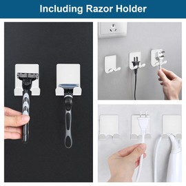 Diesisa Razor Holder for Shower + Adhesive Wall Hooks, Premium 304 Stainless Steel Shower Razor Holder with Heavy Duty Waterproof Sticky Hooks for Hanging Towels, Coat, hat (2+2 Pack)-White