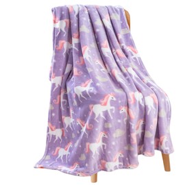 Unicorn Velvety Soft Fleece Throw Blanket: Unicorns Clouds and Stars Pink White Purple Plush Accent for Sofa Couch Chair Bed Dorm or Travel