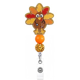 Fall Badge Reel, Autumn Turkey Retractable Badge Holder with Orange Beads Shiny Glitters ID Name Card Alligator Clip Acrylic Badges Holder Holiday Gifts for Nurses Nursing Students Teachers Office